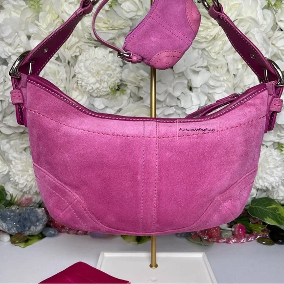 Y2K Vintage Pink Coach Soho Suede Hobo 9658 & Mini Soho Hobo Bag Charm 1659 SET - Picture 6 of 16